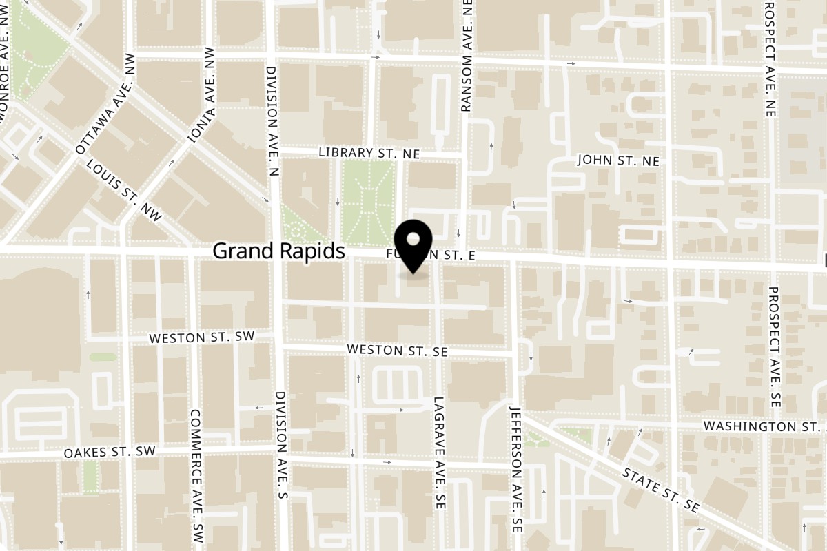 Map showing the location of MeXo Tequila & Mezcal Bar and Restaurant on 118 Fulton St E in Grand Rapids